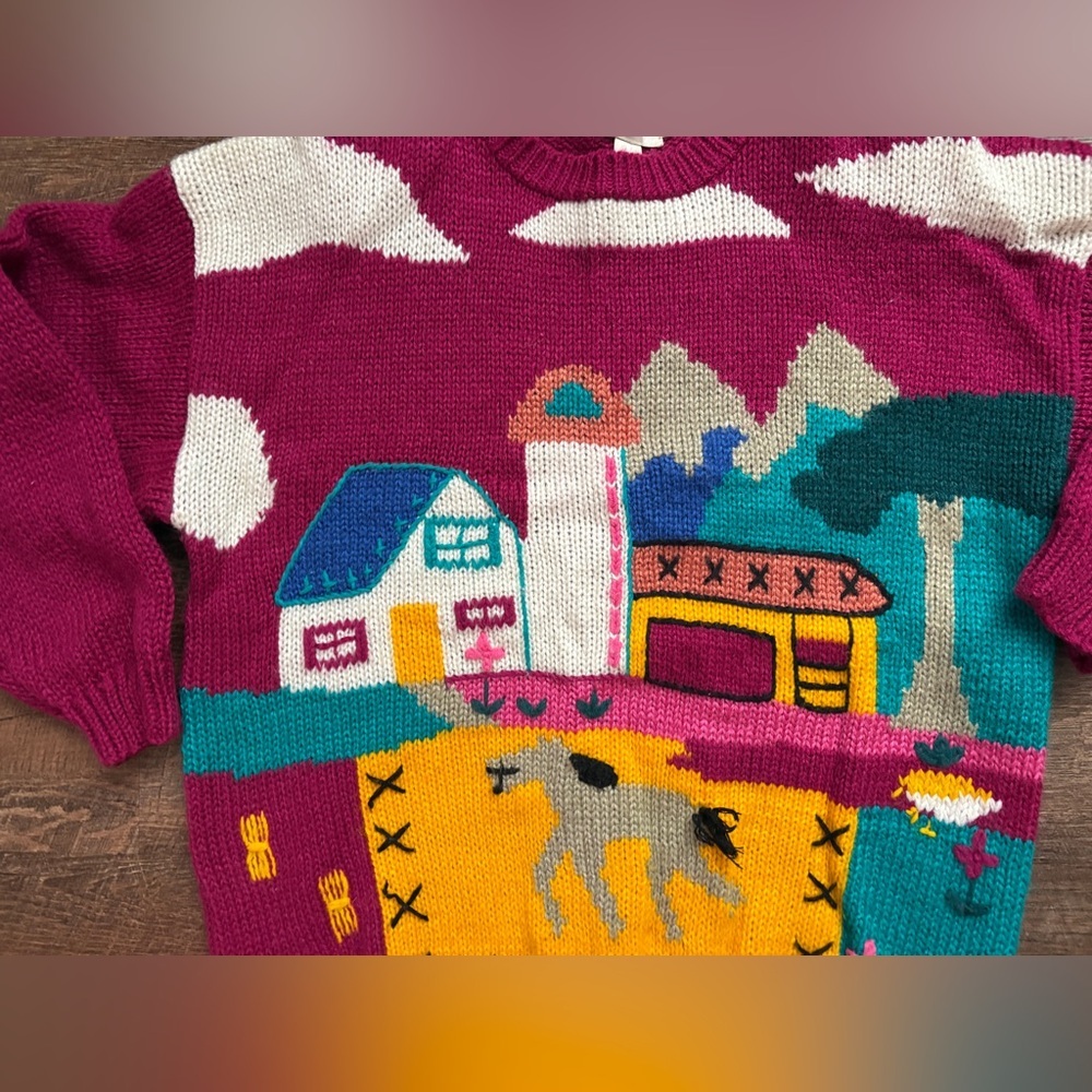 Vintage 80s WHITE STAG sweater knit farm scene folk art whimsical rare sz M EUC - Picture 4 of 16